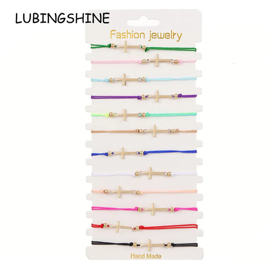 12pcs/lot Cross Knot Charms Knitted Bracelet for Girls Kids Adjustable Elastic Rubber Rope Chain Wristband Jewelry Gift