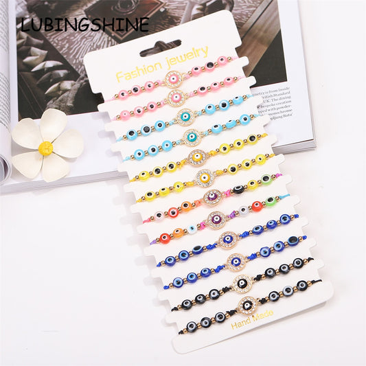 12pcs/lot Colorful Evil Eye Crystal Beaded Bracelets for Women Adjustable Beads Anklets Girl Wristband Cuff Jewelry Wholesale