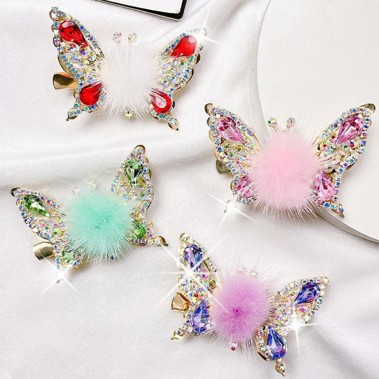 Fashion 3D Butterfly Faux Fur Hair Clips Flying Shiny Rhinestone Hairpin Barrettes for Women GirlsPonytail Holder Hairpins