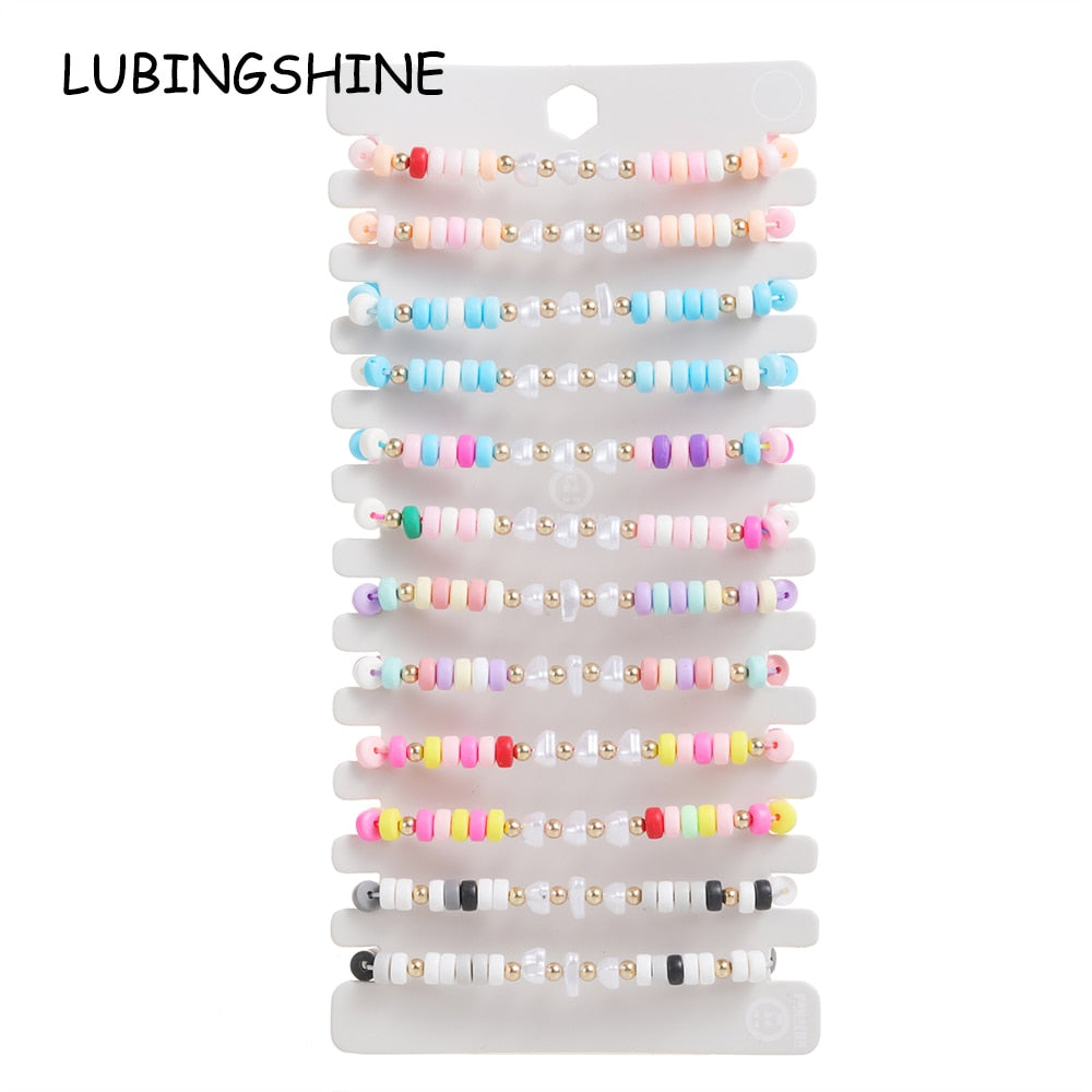 12Pcs/lot Bohemia Pearl Pendant Colorful Stackable Bracelet Soft Clay Pottery Friendship Bead Girl Bangle Wristband Jewelry