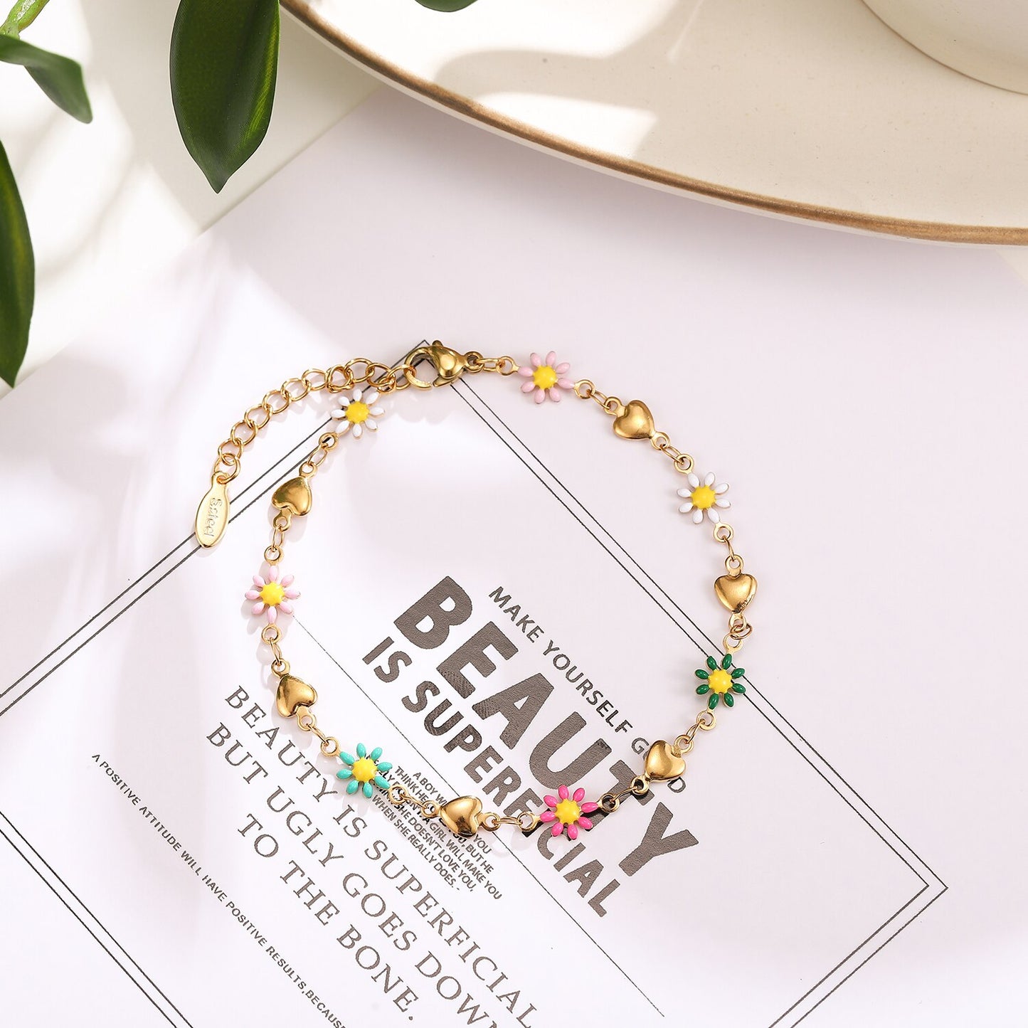 Stainless Steel Oil Drip Heart Sunflower Daisy Pendant Bracelets for Women Men Titanium Chain Minimalist Waterproof Jewelry