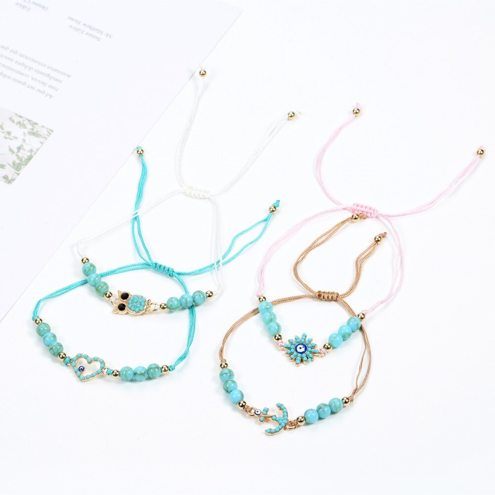 12pcs Boho Bracelets Sets Owl Charm Bangles Blue Stone Evil Eye Beads Adjustable Bracelet Women Fashion Jewelry