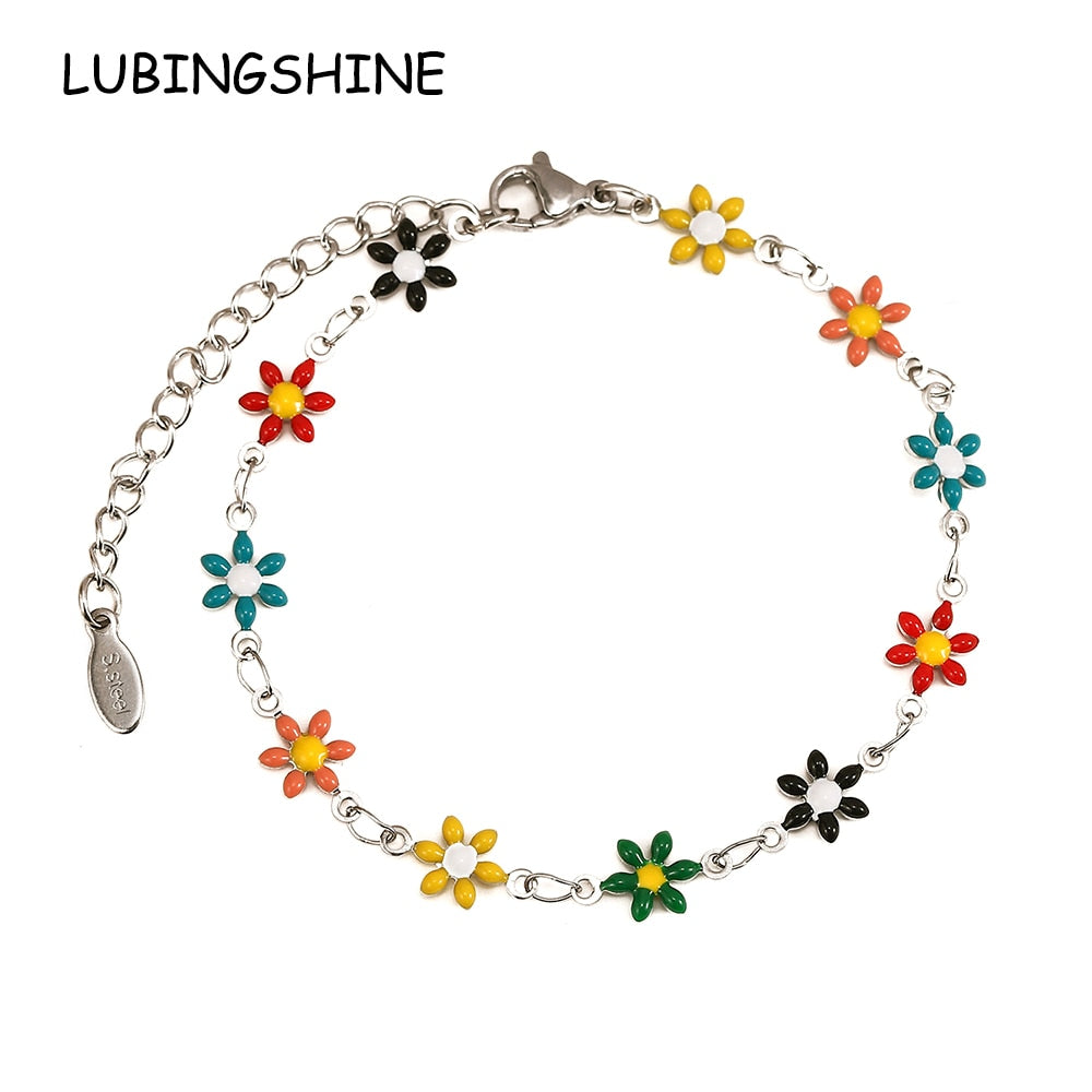 Stainless Steel Color Drip Blossom Flower Pendant Bracelet Aesthetic Jewelry for Women Minimalist Adjustable Chain Bangle Ankles
