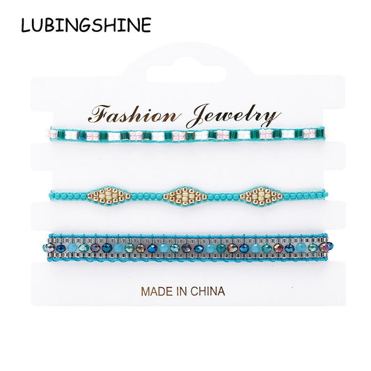 3pcs Boho Faceted Crystal Japan Seed Beads Woven Wrap Bracelet for Women Men Handmade Braid Summer Surf Anklet Fashion Jewelry