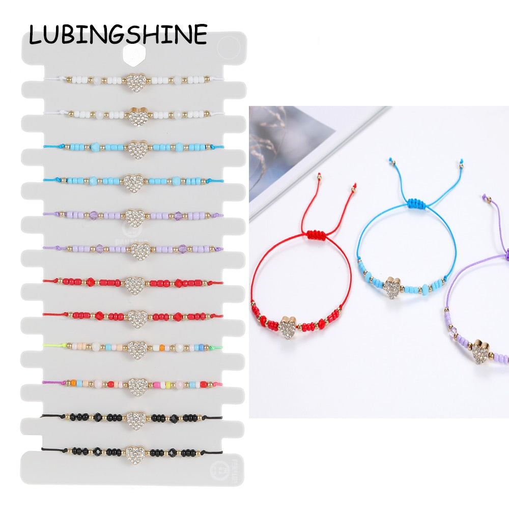 12Pcs/lot Full Rhinestone Heart Braided Bracelets for Women Girl Handmade Thin String Rope Bracelets Anklets Party Jewelry