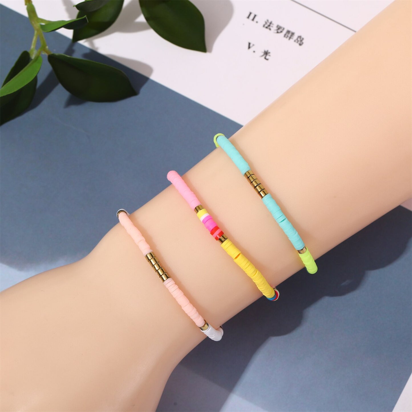 12Pcs/lot Coloful Smoky Clay Pieces Stackable Bracelets for Women Summer Vacation Surf Ankles Bracelets Wholesale Jewelry