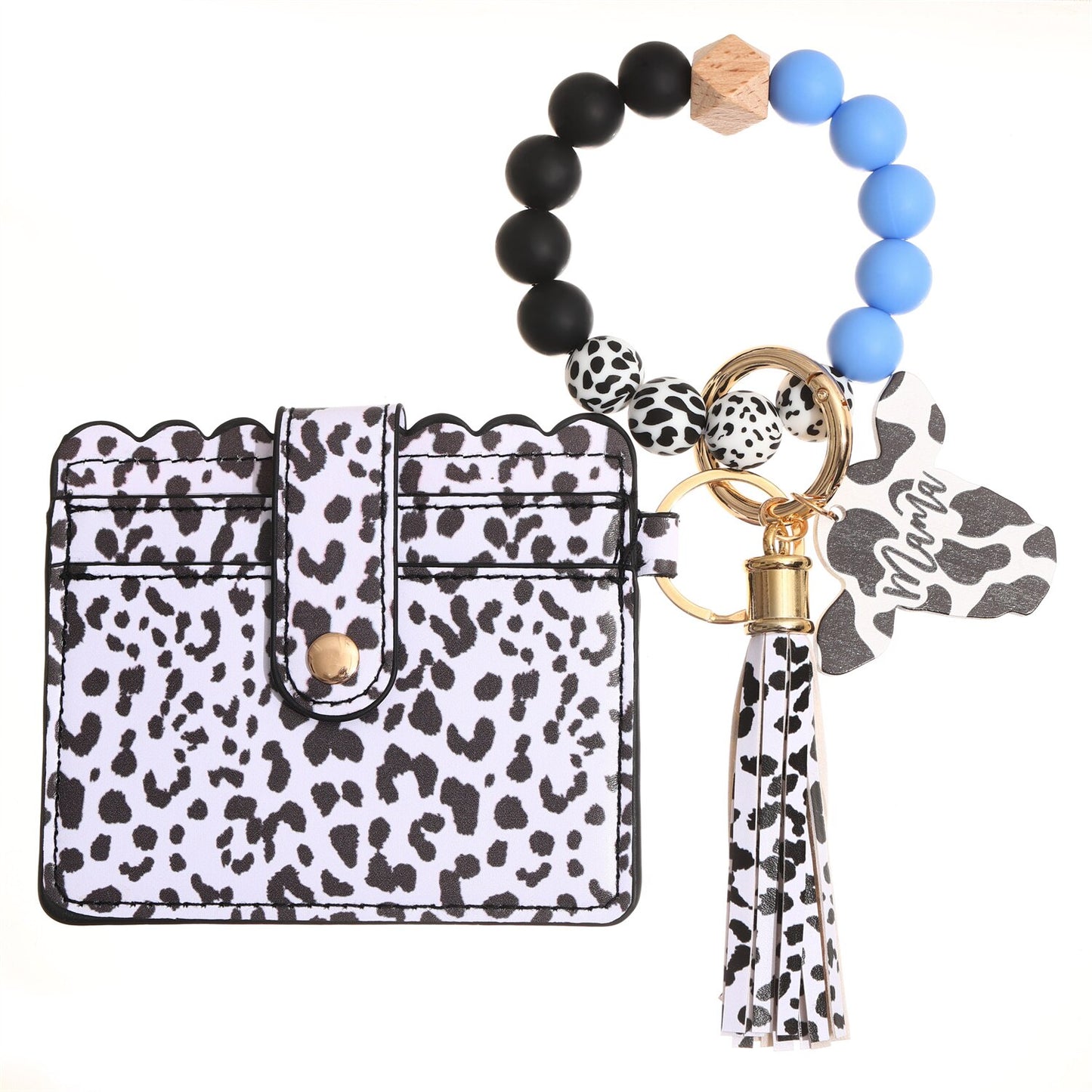 Fashion Silicone Beads Tassel Bracelet Wristlet Bangle with Leopard Print Wallet Key Card Holder Large Round Keyring for Women