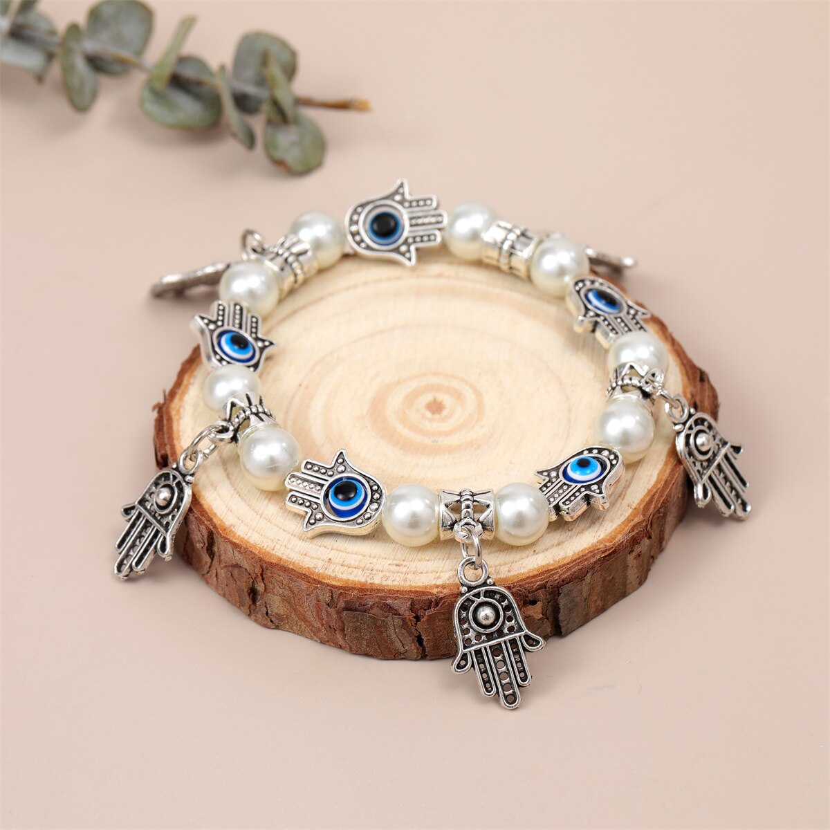 Fashion Blue Turkey Evil Eye Fatima Hand Beaded Charms Bracele for Women Men Pearls Chain Elastic Yoga Party Jewelry