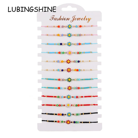 12pcs/lot Colorful Flower Women Bead Bracelets Summer Small Flowers Bohemian Handmade Adjustable Braided Bracelet Bangle Jewelry