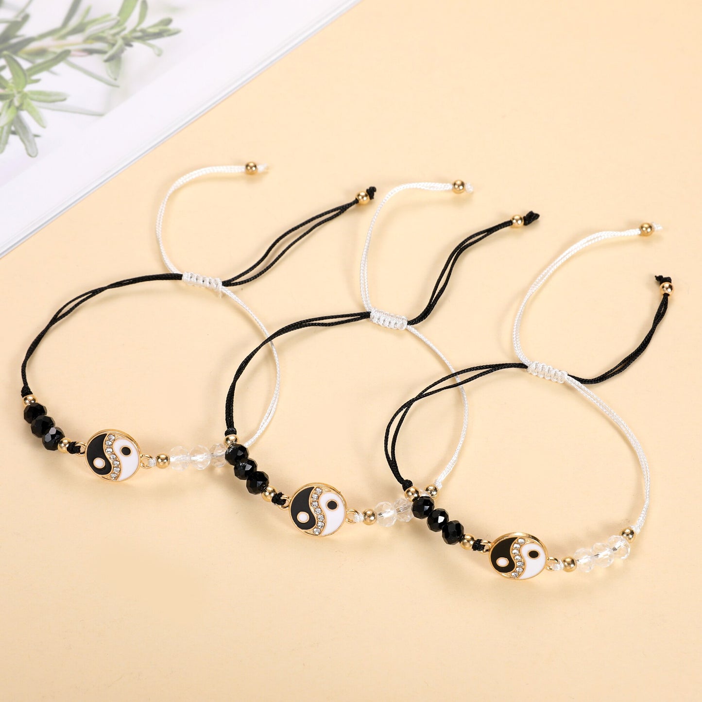12pcs Yin and Yang Tai Chi Metal Pendant Black/White Adjustable Wax Cord Beads Men Women Couple Bracelet Anklet Gift Wholesale
