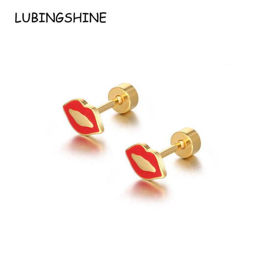 Sexy Stainless Steel Red Lips Stud Earring for Women Men Plated Gold Color Statement Party Engagement Jewelry