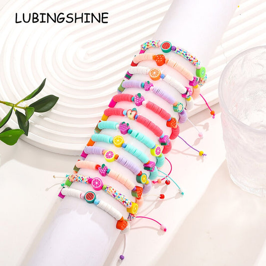 Boho 12pcs/lot Women Grape Apple Fruit Pendant Charms Bracelets Set Clay Braided Adjustable Rope Chain Anklet Jewelry