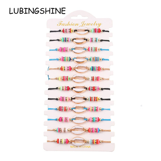 Boho 12pcs Polymer Clay Shell Charms Braided Charms Bracelets for Women Men Adjustable Rope Chain Anklets Beach Handmade Jewelry