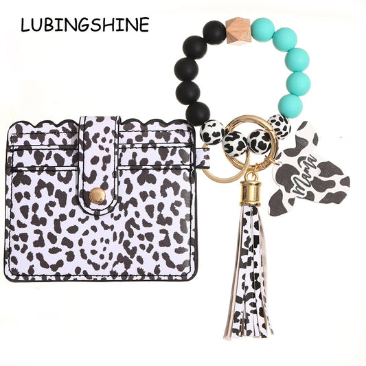 Fashion Silicone Beads Tassel Bracelet Wristlet Bangle with Leopard Print Wallet Key Card Holder Large Round Keyring for Women