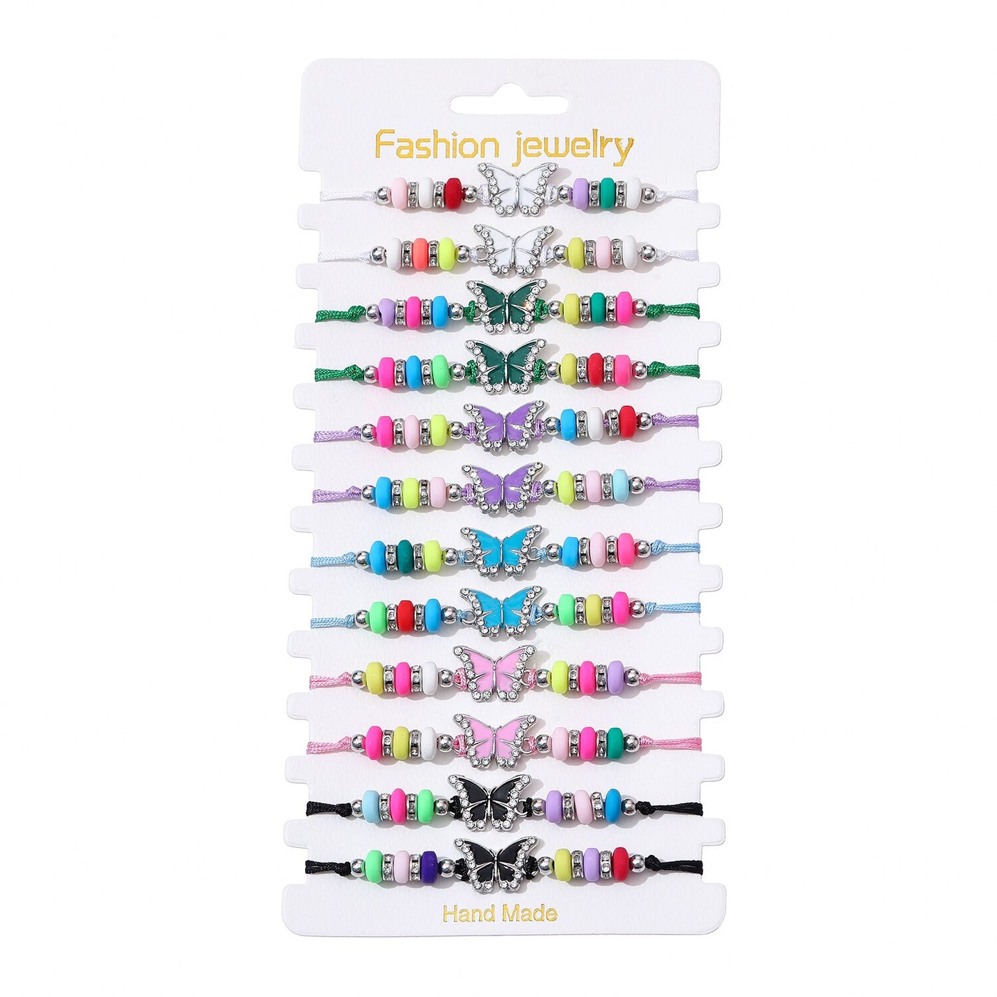 Boho Women 12pcs/Set Butterfly Pendant Charms Bracelet Candy Beaded Weave Adjustable Rope Chain Wristband Jewelry