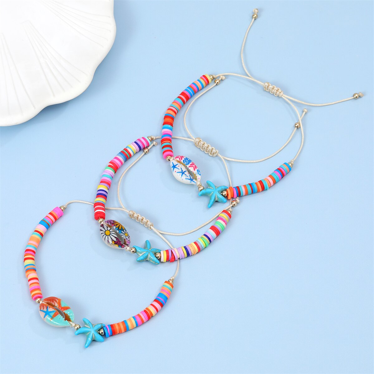 12 Pcs Beach Shell Starfish Pendant Bracelet Anklet for Women Summer Handmade Ankle Adjustable Clay Stackable Wholesale