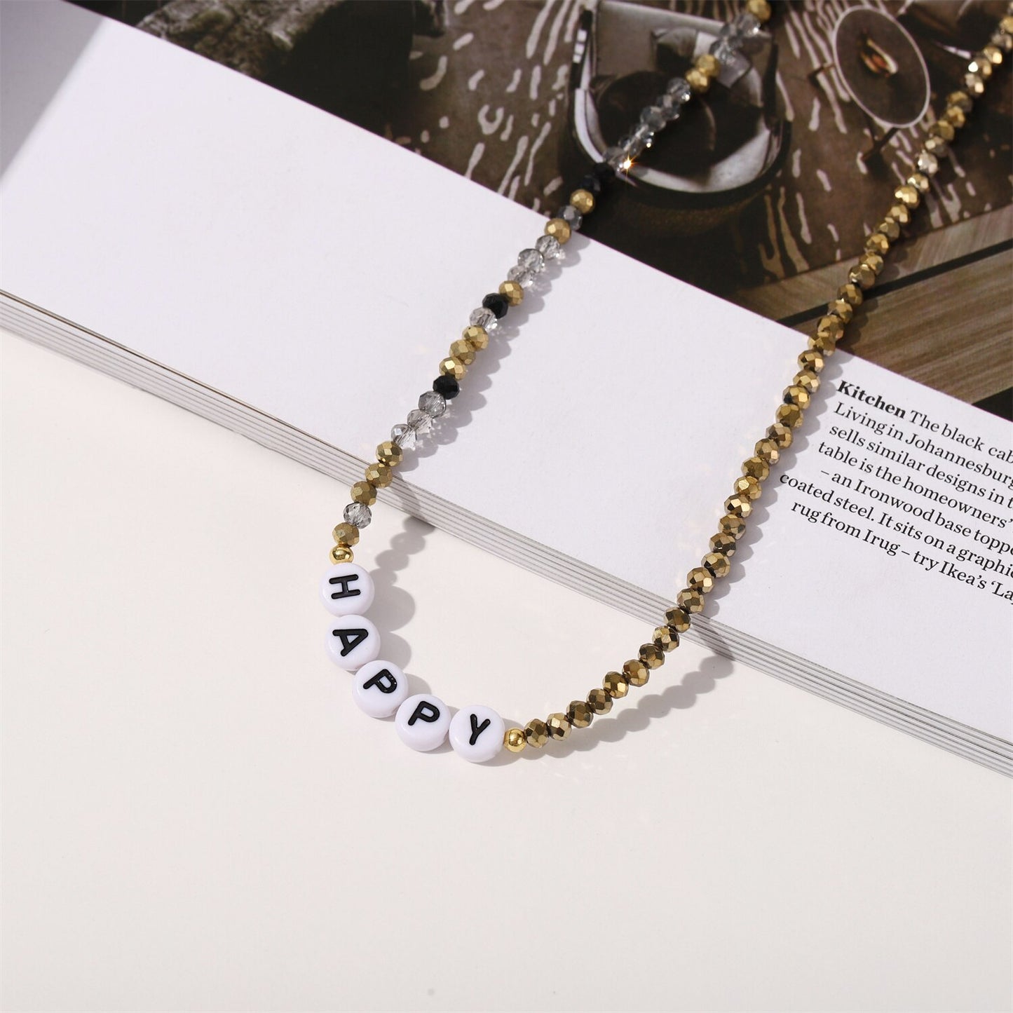 Fashion Crystal Beads Letter HAPPY Necklace for Women Simple Alphabet  Beaded Chokers Jewelry Accessories