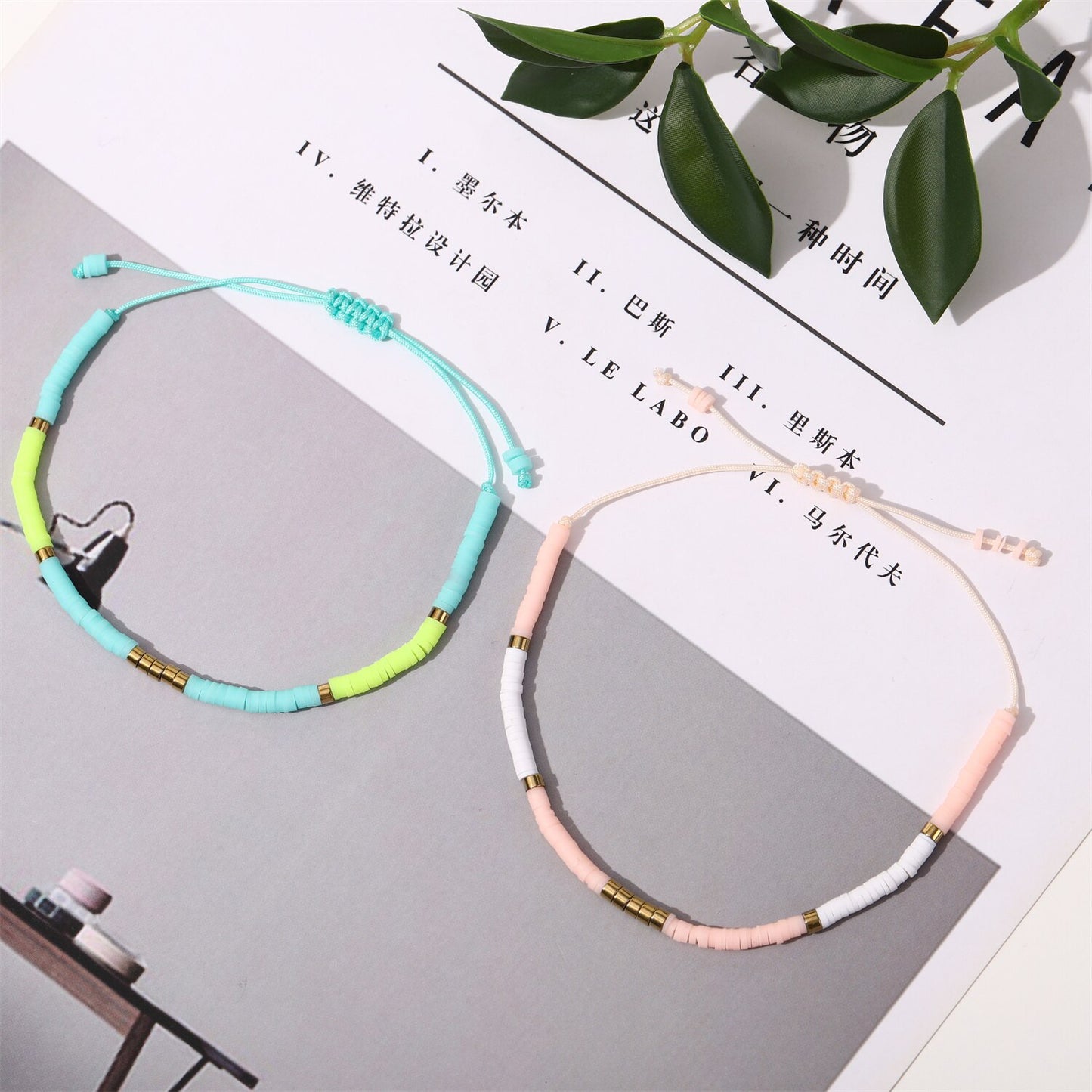 12Pcs/lot Coloful Smoky Clay Pieces Stackable Bracelets for Women Summer Vacation Surf Ankles Bracelets Wholesale Jewelry