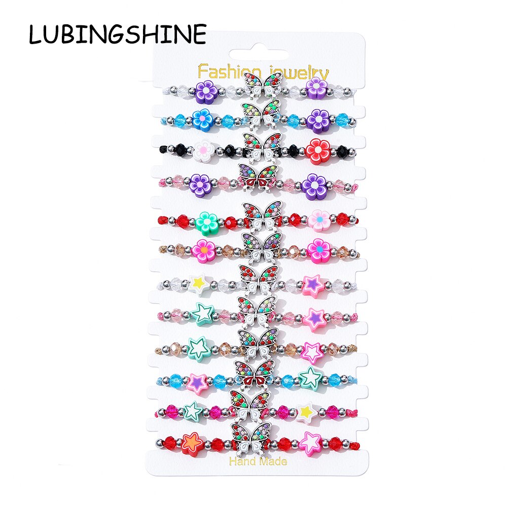12pcs/lot Women Butterfly Flower Pendant Crystal Bead Charms Bracelets Set Child Braided Adjustable Rope Chain Anklet Jewelry