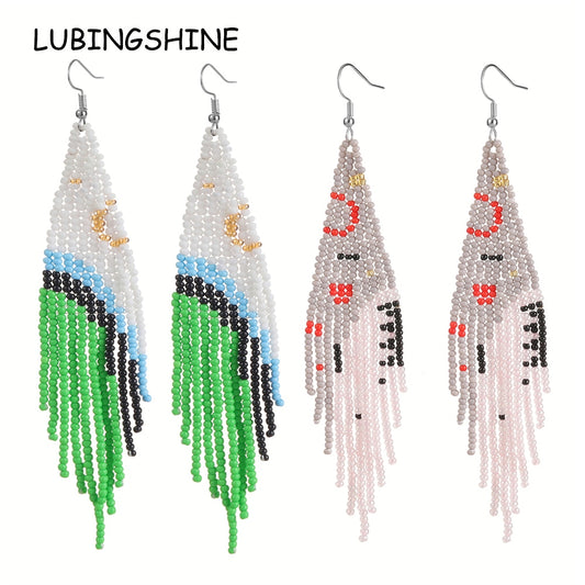 Bohemian Handmade Beaded Long Earrings for Women Seed Bead Statement Elastic Bangle Ethnic Jewelry