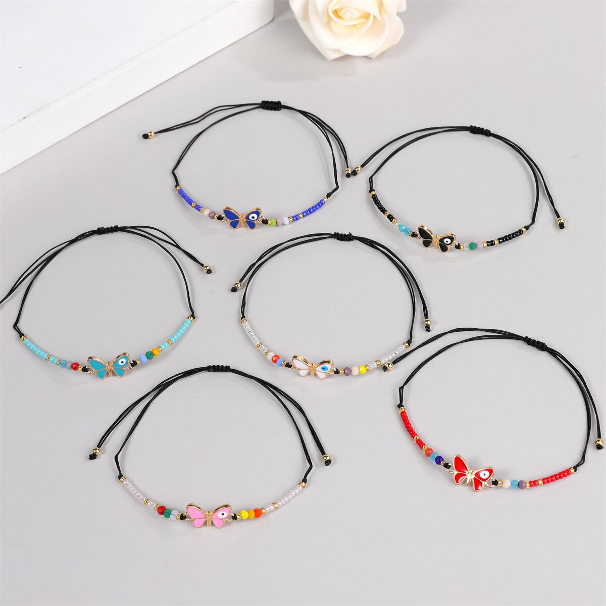 12pcs/lot Women Colorful Crystal Beads Butterfly Pendant Charms Bracelets Child Braided Adjustable Rope Chain Anklets Jewelry