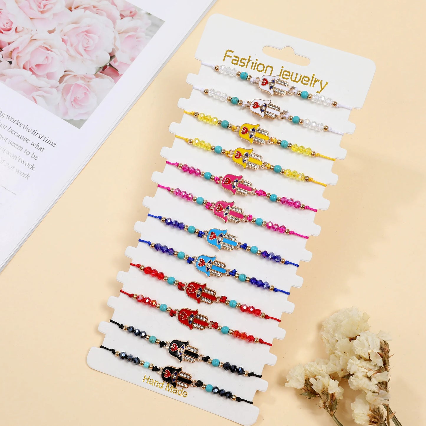 12pcs Colorful Crystal Beads Bracelet Women Braided Adjustable Rope Chain Fatima Hand Summer Anklet Jewelry Foot Leg Chain