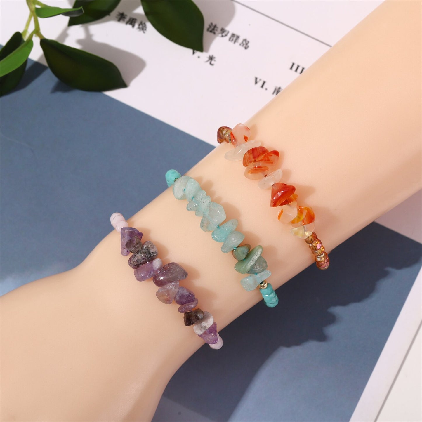 12pcs Natural Stone Amethyst 7 Chakra Bracelets Healing Crystal Bracelet Chipped Gravel Beads Gifts for Women Anklet Mix Colors
