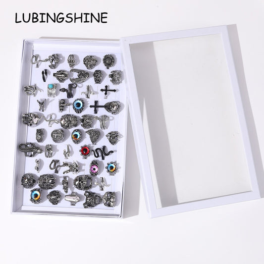 50pcs/Lot Punk Exaggerated Metal Evil Eye Snake Ring Set Fashion Cross Animal Stereoscopic Opening Adjustable Rings Jewelry