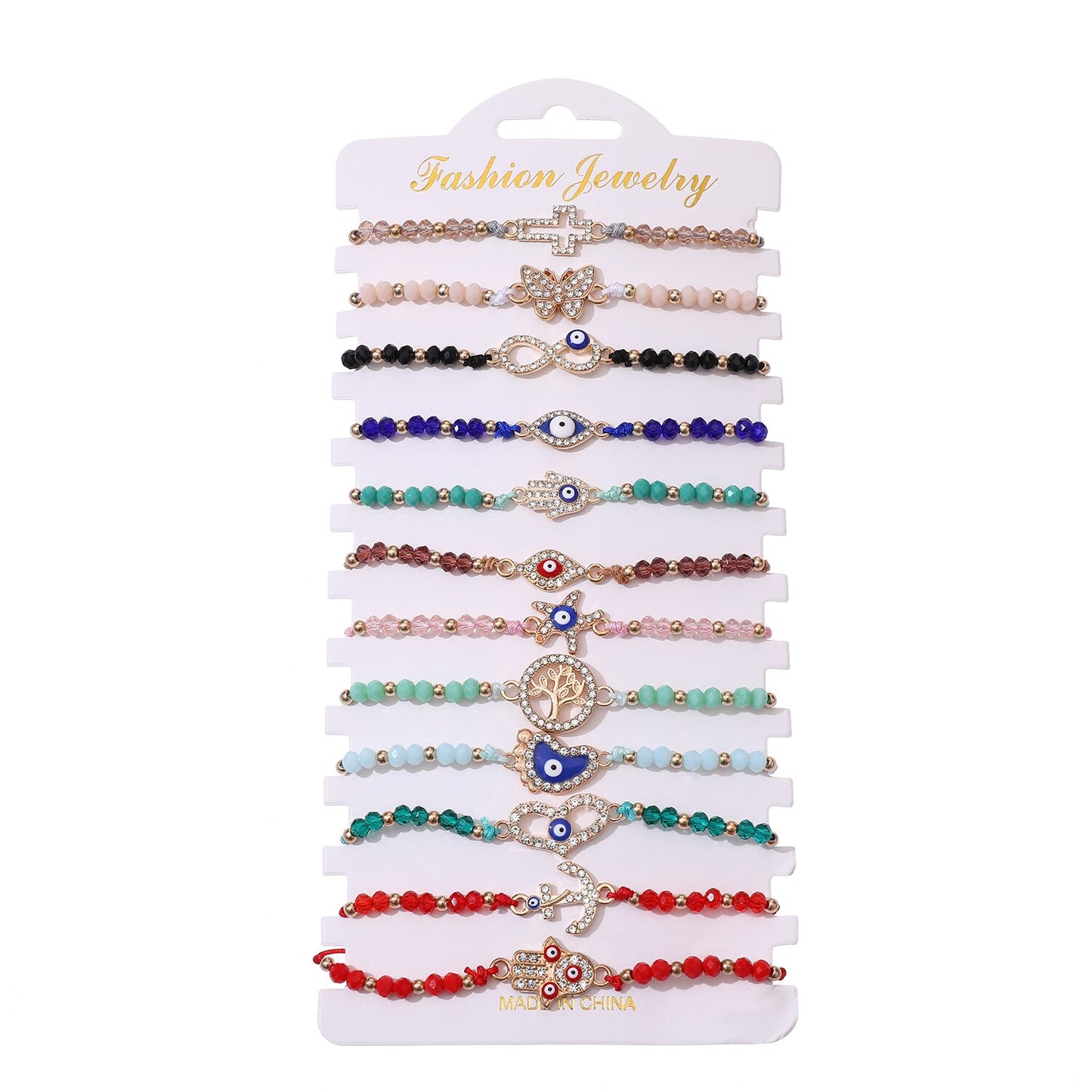 12pcs/lot Cross Knot Charms Knitted Bracelet for Women Adjustable Turkey Blue Evil Eye Crystal Beads Bracelets Anklet Jewelry