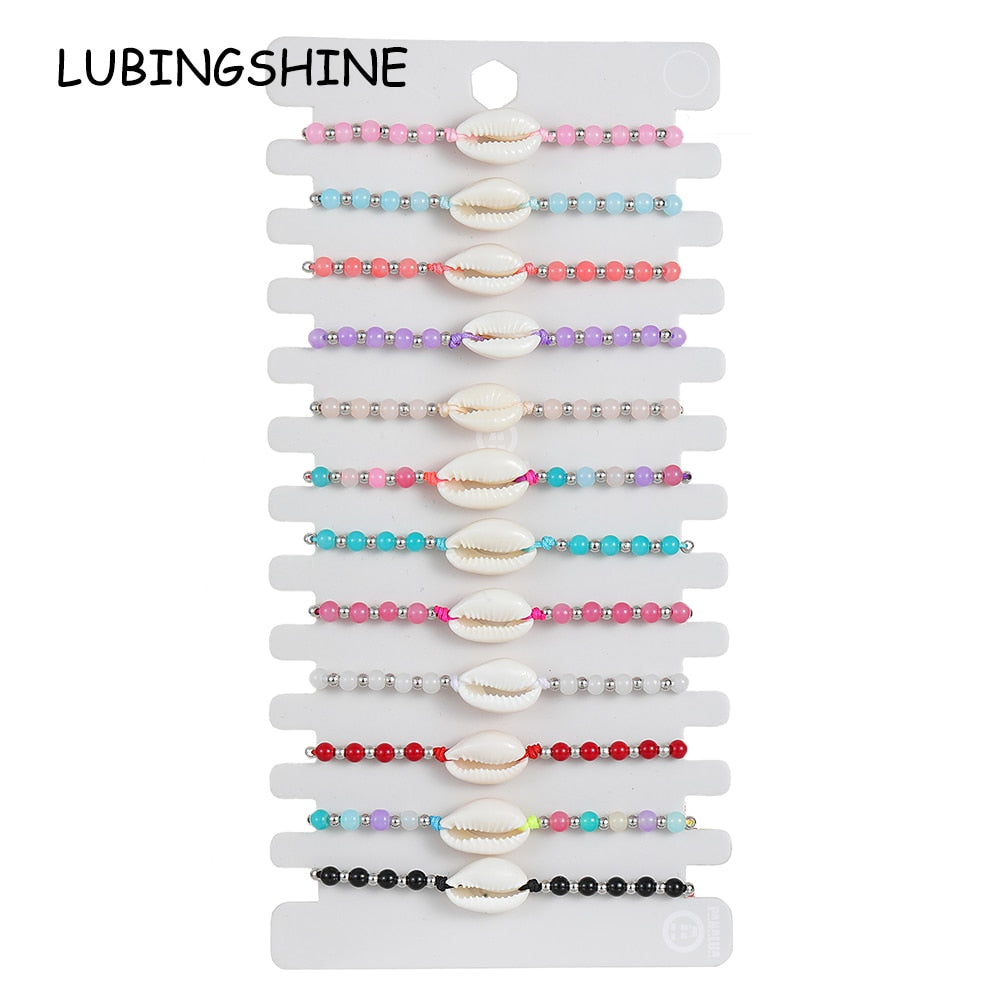 12pcs Colorful Glass Beads Summer Shell Bracelet Fashion Beach Handmade Cowrie Bracelets for Women Men Anklet Boho Jewelry