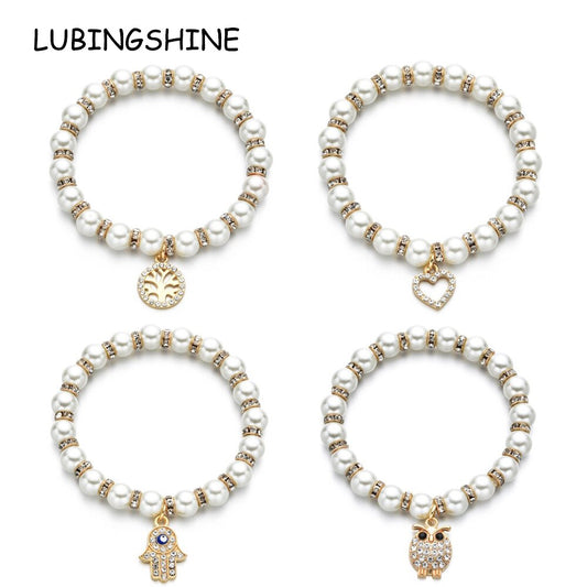 Fashion Pearl Chain Evil Eye Fatima Hand Beads Bracelet for Women Adjustable Heart Tree of Life Pendant Bangle Men Jewelry