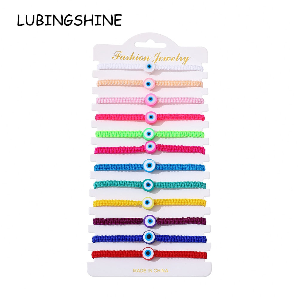 12pcs Polymer Clay Beads Bracelet for Women Evil Eye Pendant Surfer Rainbow Bracelets Set for Summer Rubber Stretch Bracelets