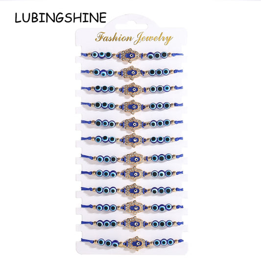 12pcs/lot Blue Turkey Evil Eye Hand of Fatima Charms Bracelet Thousand Eyes Wish Handmade Women's Resins Bead Bangle Jewelry