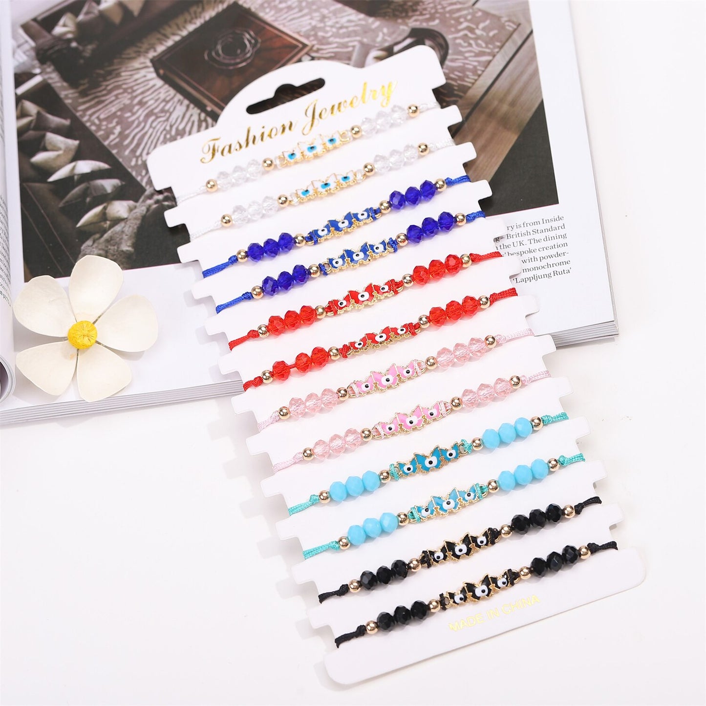 Boho 12pcs/lot Crystal Bead Butterfly Charms Braided Bracelet for Women Child Adjustable Evil Eye Rope Chain Anklet Jewelry