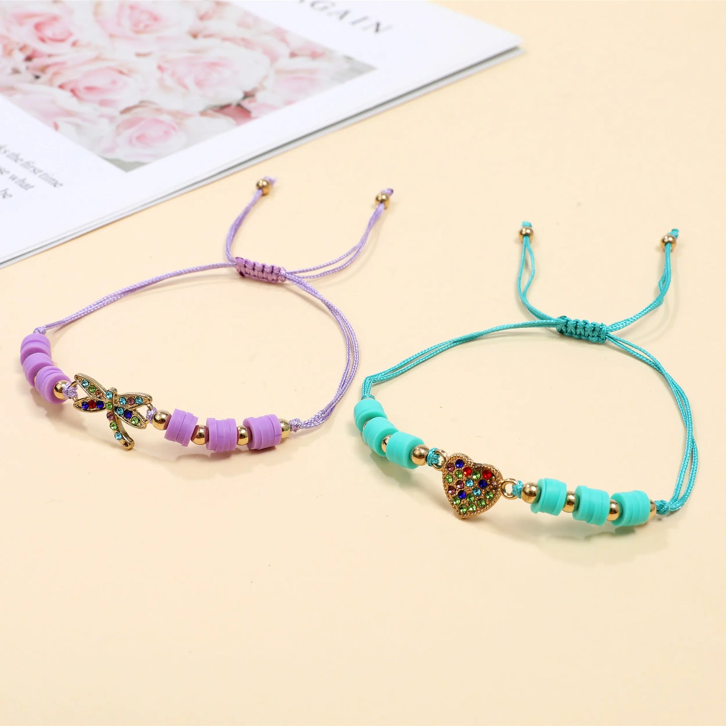 Women 12pcs Butterfly Dragonfly Love Dolphin Pendant Bracelet Colored Crystal Inlaid Adjustable Couple Bracelets Anklets Gift