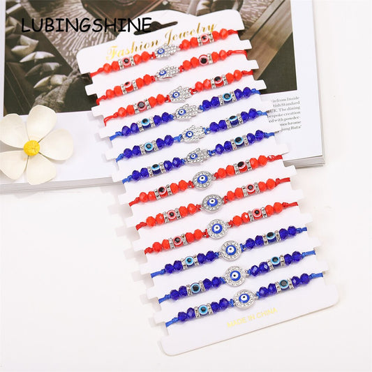 12pcs/lot Blue Evil Eye Crystal Beaded Charms Bracelets for Women Adjustable Beads Anklets Child Girl Wristband Cuff Jewelry