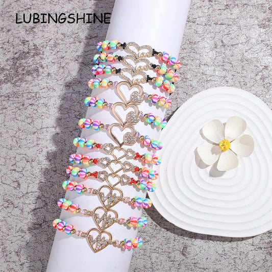 12pcs/set Candy Color Acrylic Beads Heart Charm Adjustable Bracelets Set for Women Braided Rope Wristband Yoga Anklet Jewelry