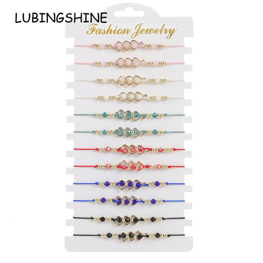 12pcs Crystal Beads Hollow Heart Bracelets for Women Girls Woven Rope Braided Bangle Child Fashion Jewelry Gifts