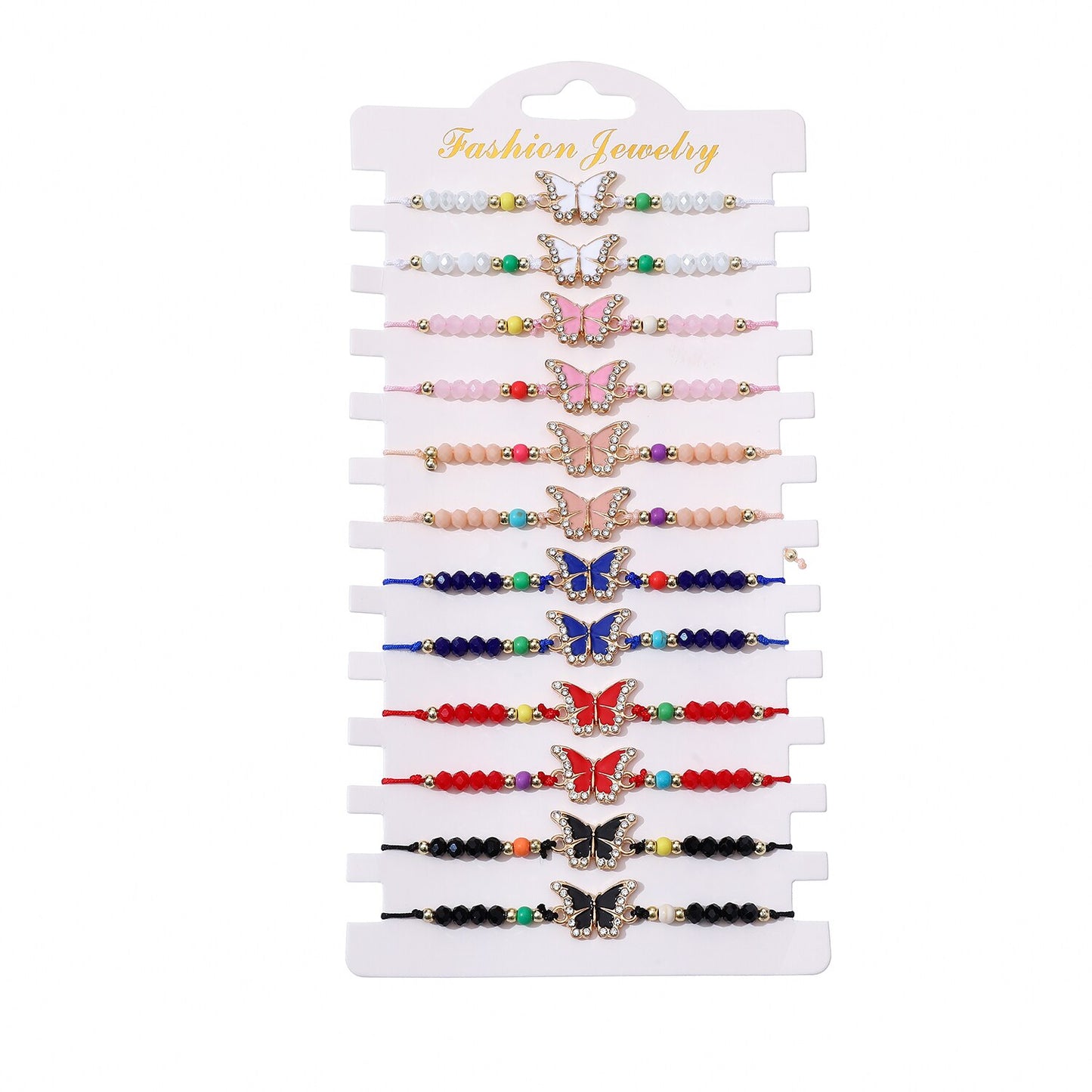 12 Pieces Colorful Crystal Beads Butterfly Pendant Charm Bracelet for Women Men Hand Woven Adjustable Chain Anklet Jewelry