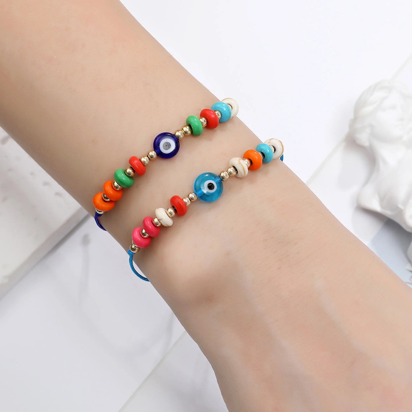 12Pcs Colorful Polymer Pottery Evil Eye Braided Bracelet Set Ewelry Fashion Rope Accessories Female Girls Gifts
