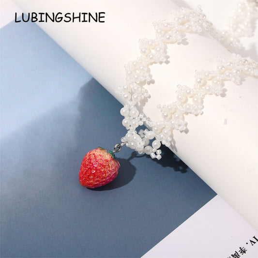 Fashion Red Cherry Strawberry Pendant Pearl Chain Women's Necklace Choker Charm Metal Sweater Chain Women Resin Jewelry Gift