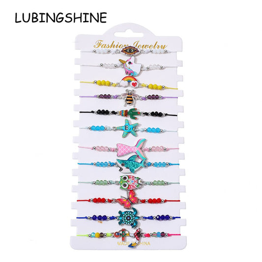 12pcs Turtle Unicorn Pendant Bracelets for Women Adjustable Rope Bracelet Handmade Braided Colorful Crystal Beads Charm Bracelet