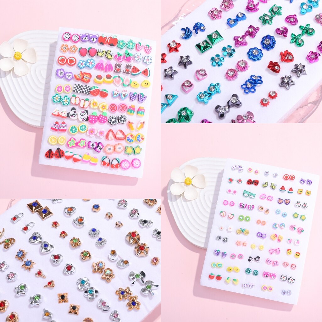 36 Pairs/lot Mix Small Stud Earrings for Women Girls Acrylic Crystal Heart Star Flower Insect Fruit Animal Earring Kids Jewelry