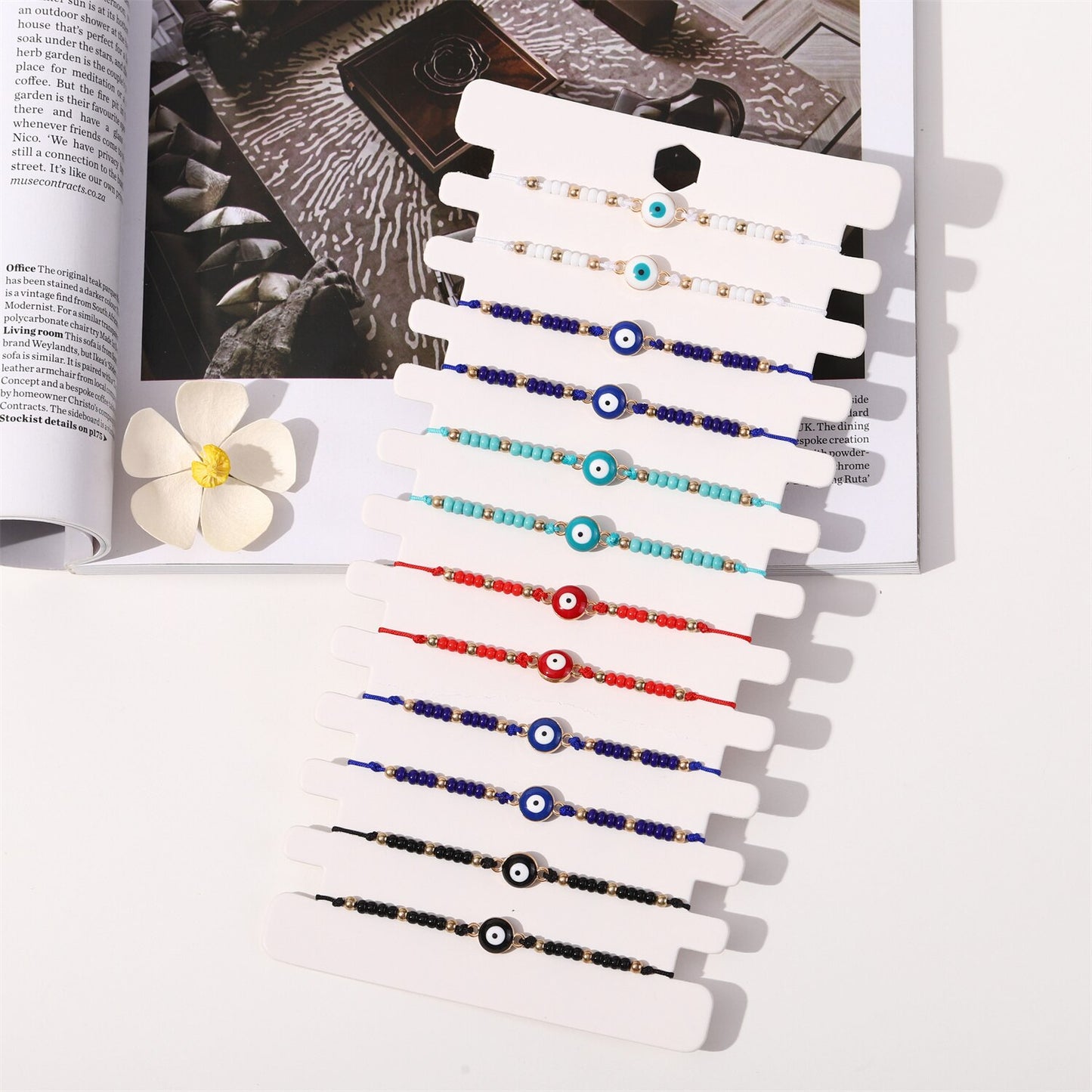 12pcs/lot Metal Dripping Oil Evil Eye Beads Charms Bracelet for Women Adjustable Woven Crystal Chain Summer Anklet Jewelry
