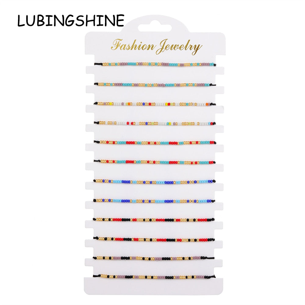 12pcs/lot Woman Men Handmade Bohemia Weave Adjustable Seed Beads Rope Chain Charms Bracelets Wristband Fashion Jewelry Pulsera