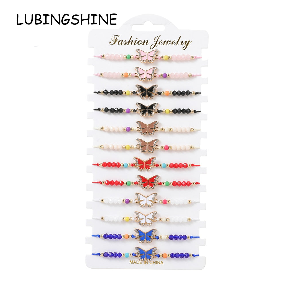 12pcs/lot Fashion Colorful Crystal Beads Butterfly Pendant Braided Bracelet Set Women Girls Adjustable Rope Yoga Anklet Jewelry