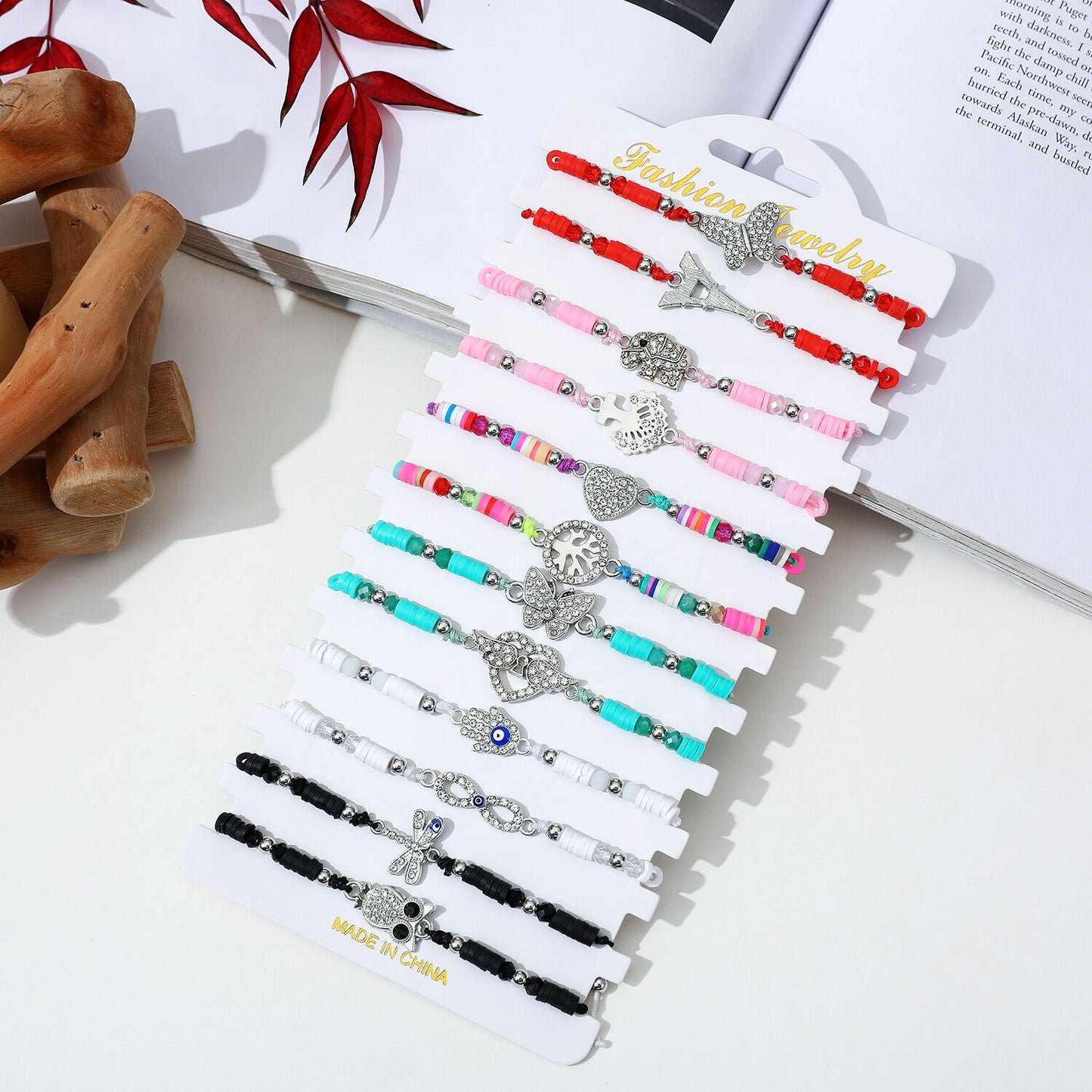 12pcs/Sets Butterfly Owl Animal Pendant Braided Bracelets for Women Child Soft Clay Adjustable Charms Rope Chain Anklets Jewelry