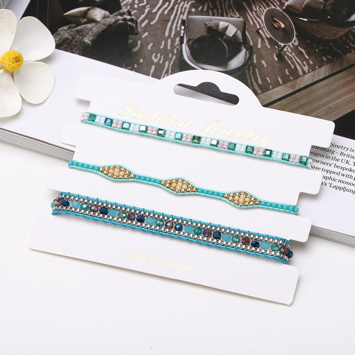 3pcs Boho Faceted Crystal Japan Seed Beads Woven Wrap Bracelet for Women Men Handmade Braid Summer Surf Anklet Fashion Jewelry