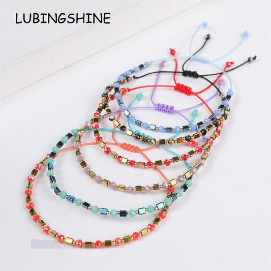 Boho Colorful Woven Rope String Bracelet Crystal Bead Metal Gallstone Bracelets for Men Women Child Lucky Jewelry