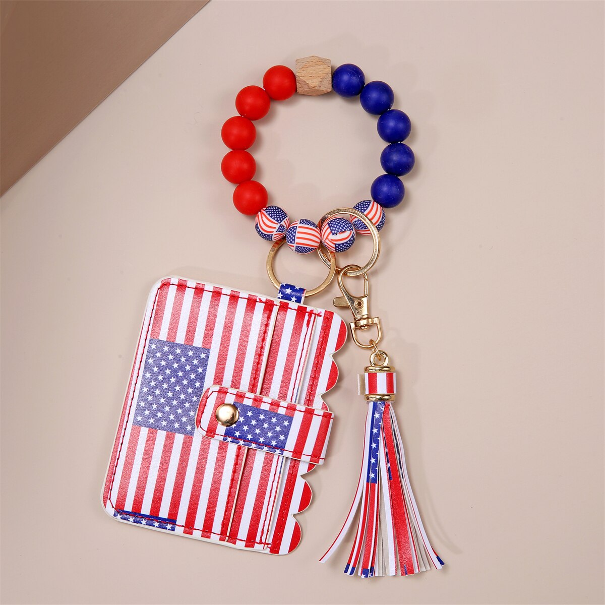 American Flag Wristlet Bracelet Keychain Wallet for Women Credit Card Holder Tassel Keyring Bangle Lipstick Holder